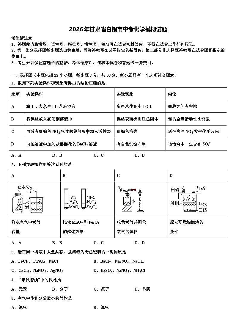 2026年甘肃省白银市中考化学模拟试题（含答案解析）第1页