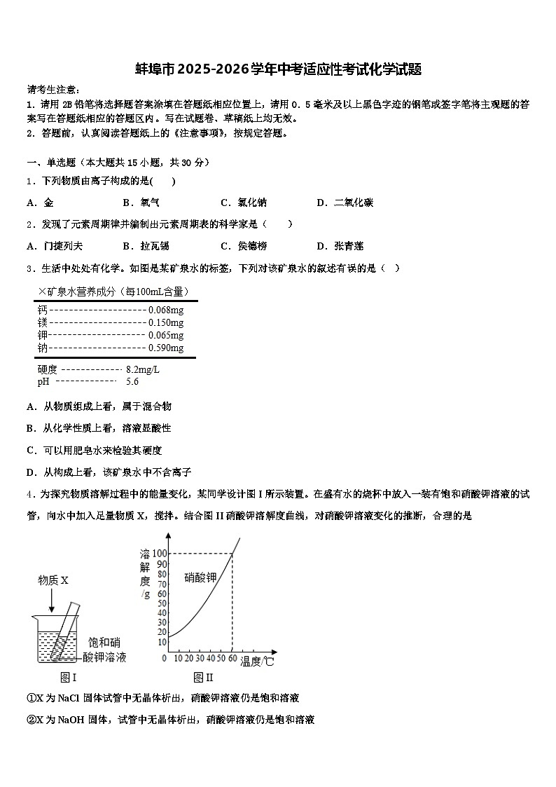 蚌埠市2025-2026学年中考适应性考试化学试题（含答案解析）第1页