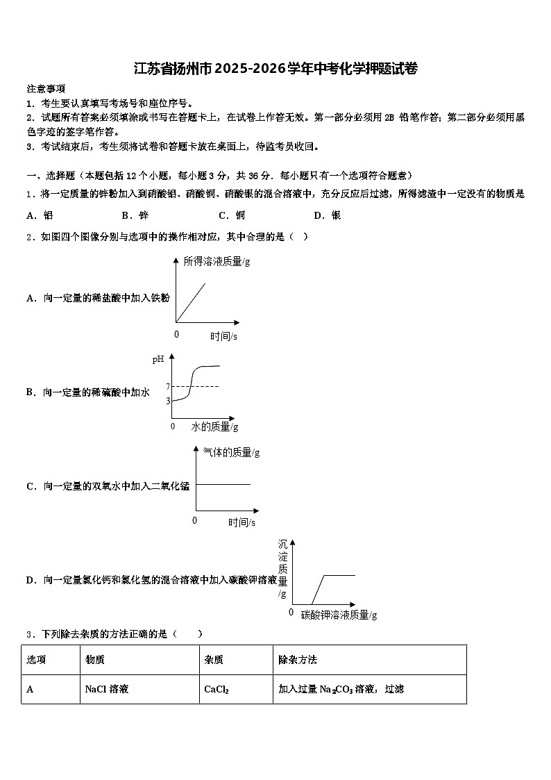江苏省扬州市2025-2026学年中考化学押题试卷（含答案解析）第1页