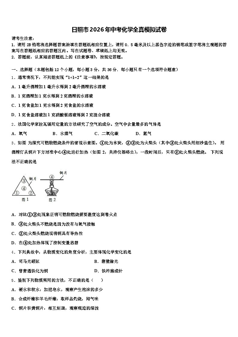 日照市2026年中考化学全真模拟试卷（含答案解析）第1页