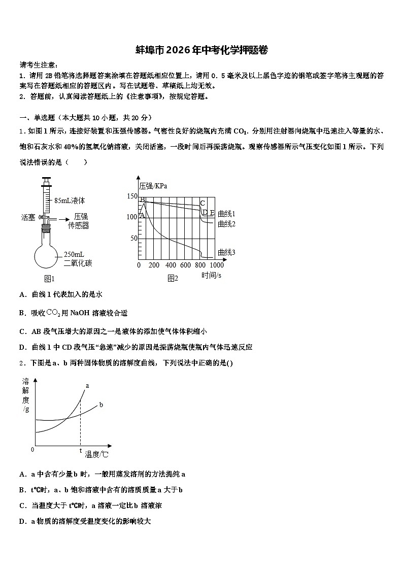 蚌埠市2026年中考化学押题卷（含答案解析）第1页