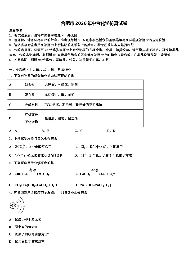 合肥市2026年中考化学仿真试卷（含答案解析）第1页