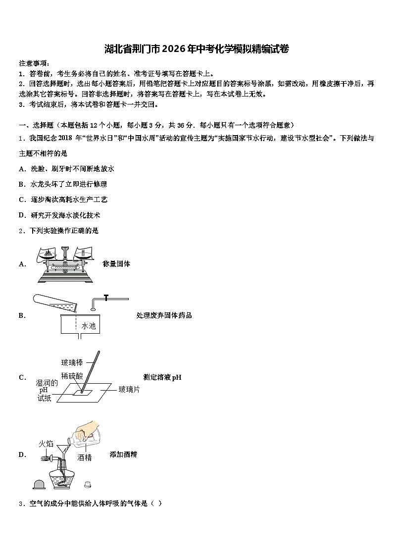 湖北省荆门市2026年中考化学模拟精编试卷（含答案解析）第1页