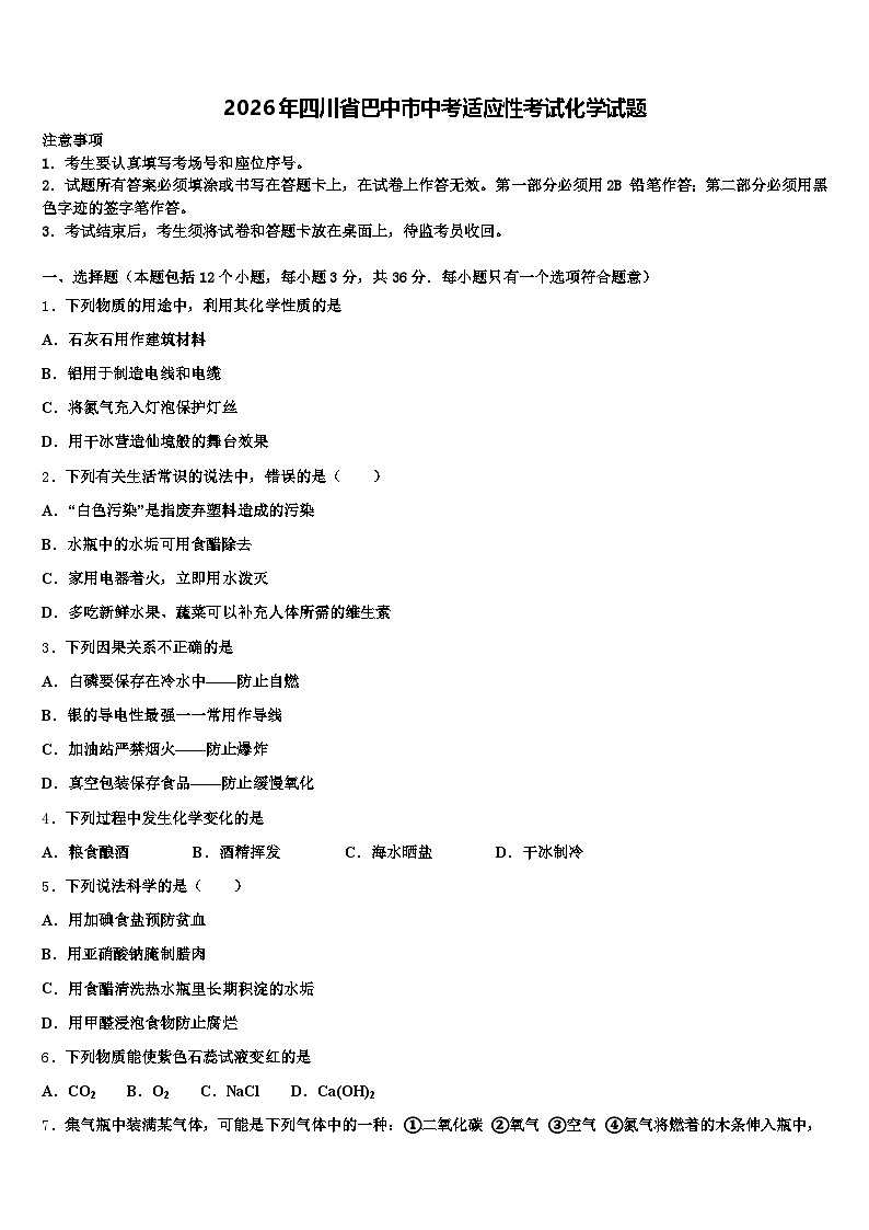 2026年四川省巴中市中考适应性考试化学试题（含答案解析）第1页