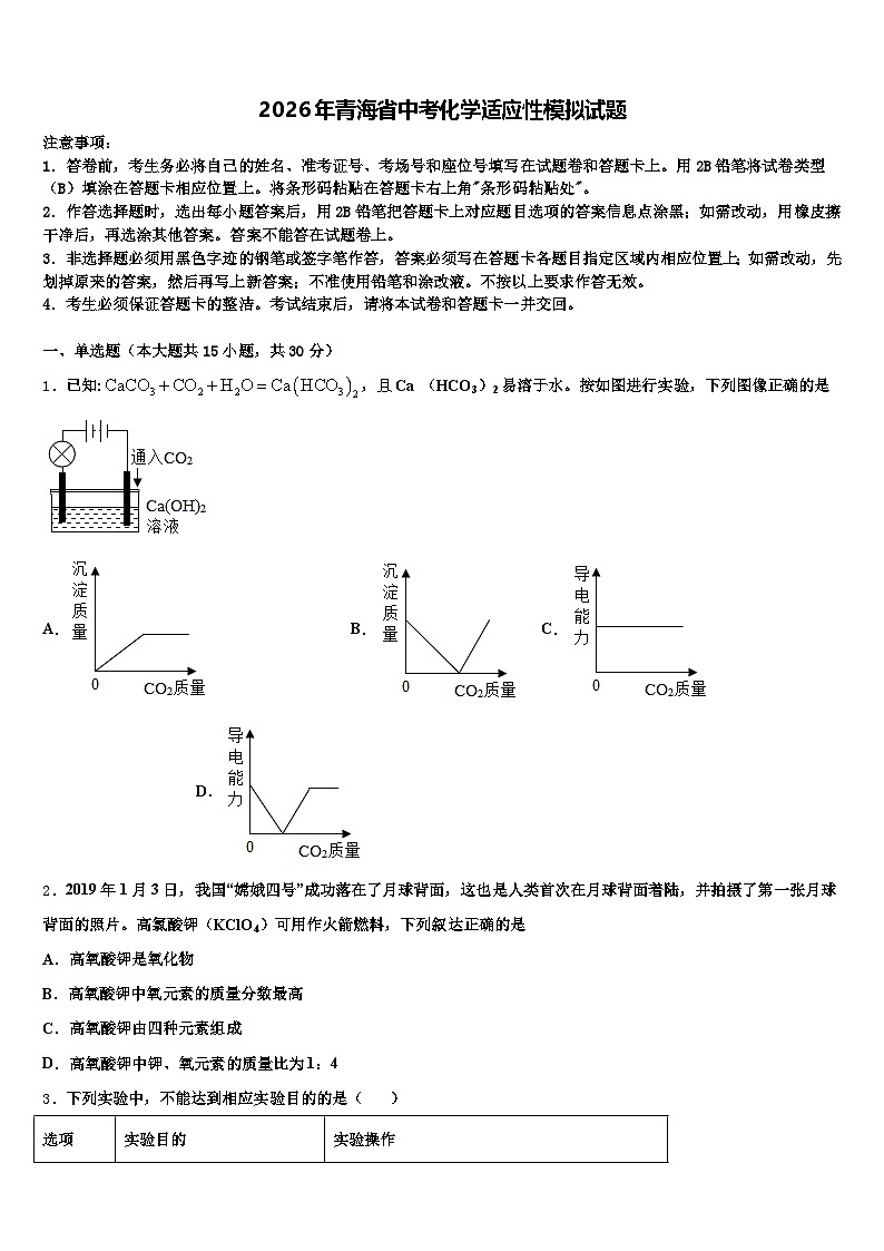 2026年青海省中考化学适应性模拟试题（含答案解析）第1页