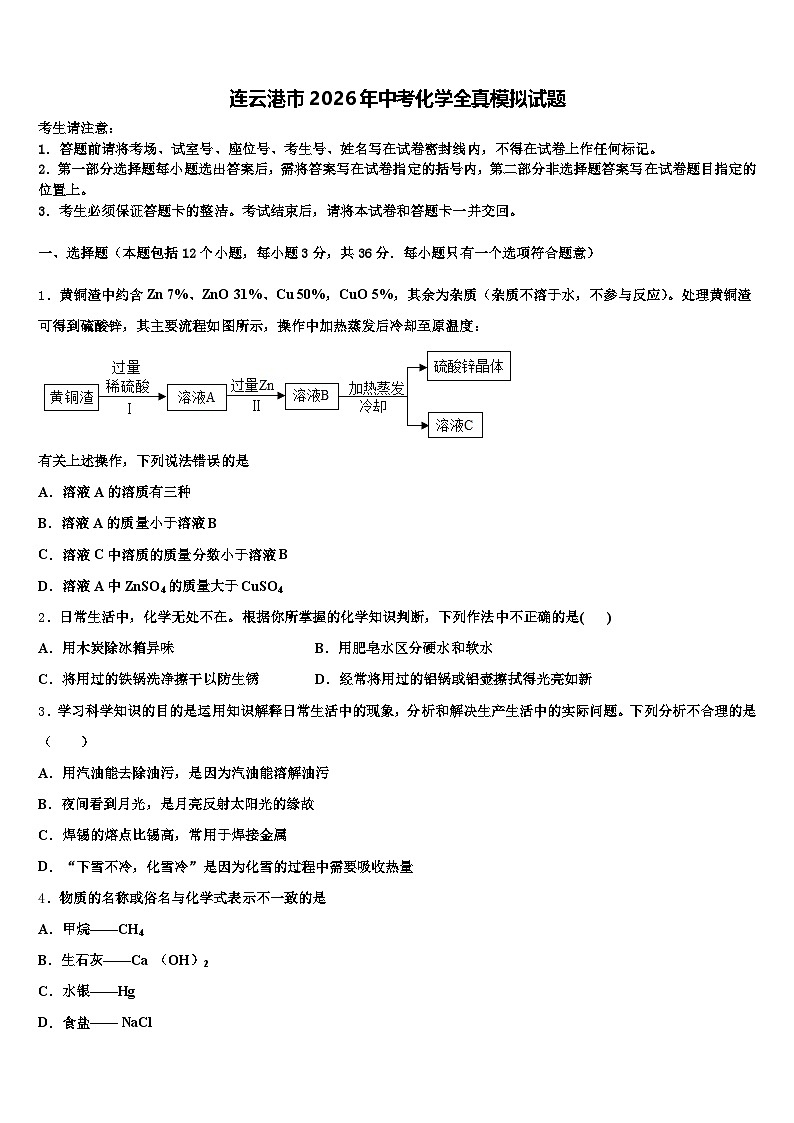 连云港市2026年中考化学全真模拟试题（含答案解析）第1页