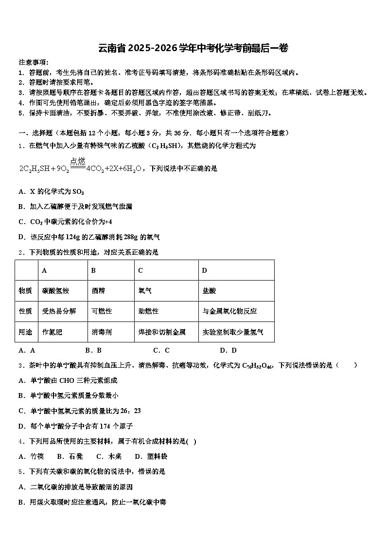 云南省2025-2026学年中考化学考前最后一卷（含答案解析）第1页