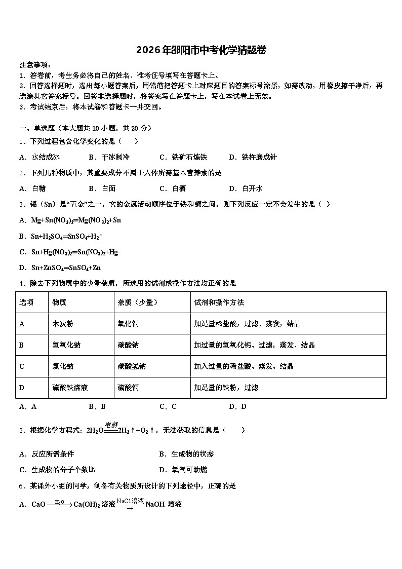 2026年邵阳市中考化学猜题卷（含答案解析）第1页