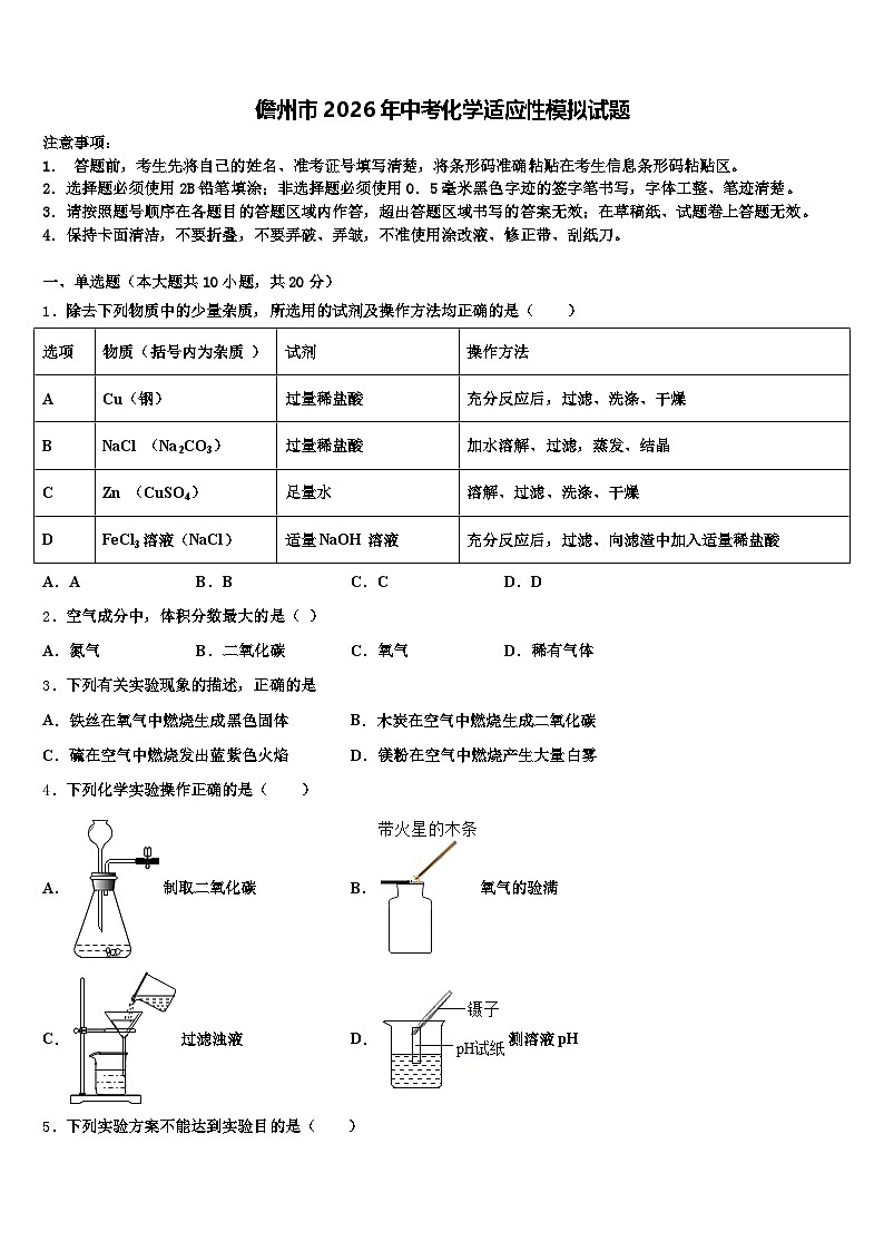儋州市2026年中考化学适应性模拟试题（含答案解析）第1页
