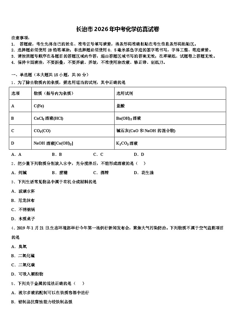 长治市2026年中考化学仿真试卷（含答案解析）第1页