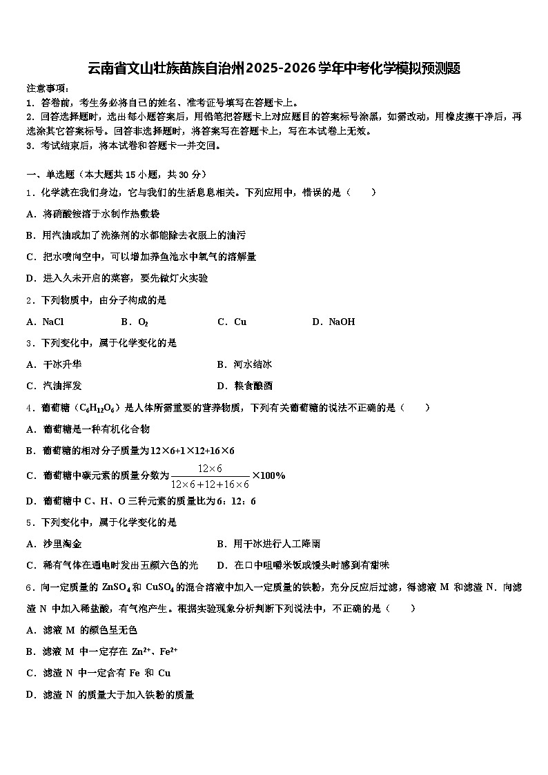 云南省文山壮族苗族自治州2025-2026学年中考化学模拟预测题（含答案解析）第1页