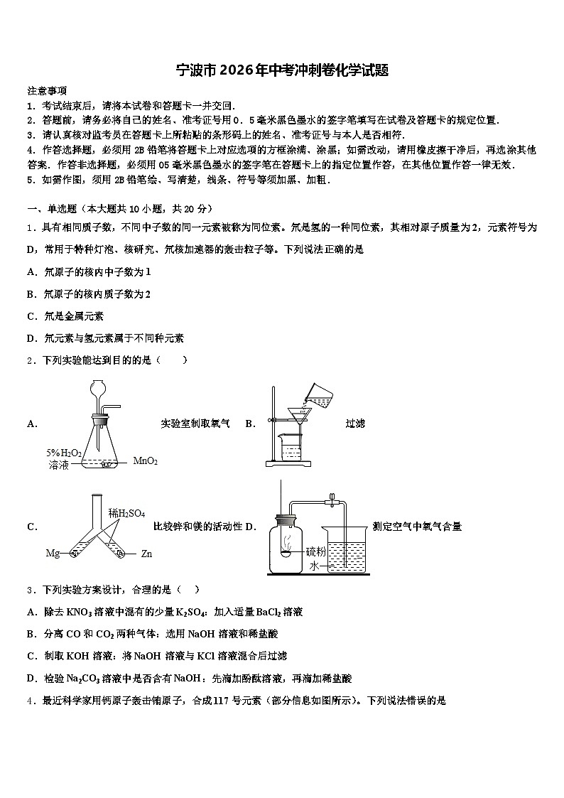 宁波市2026年中考冲刺卷化学试题（含答案解析）第1页