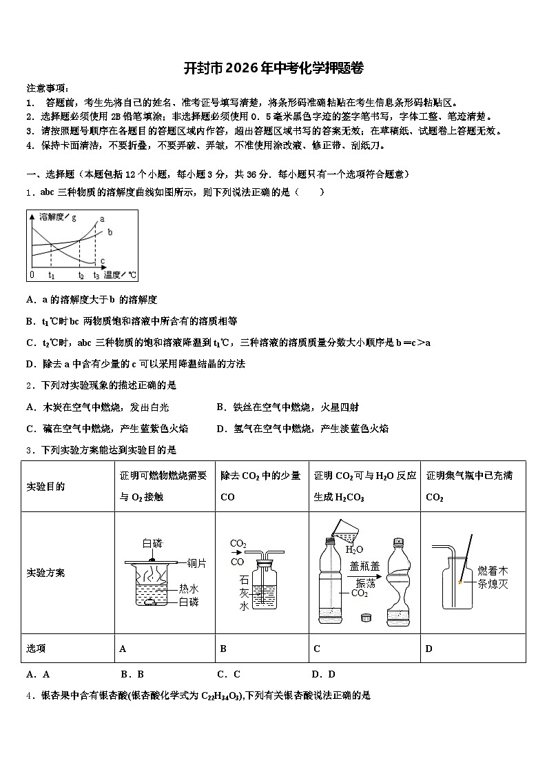 开封市2026年中考化学押题卷（含答案解析）第1页
