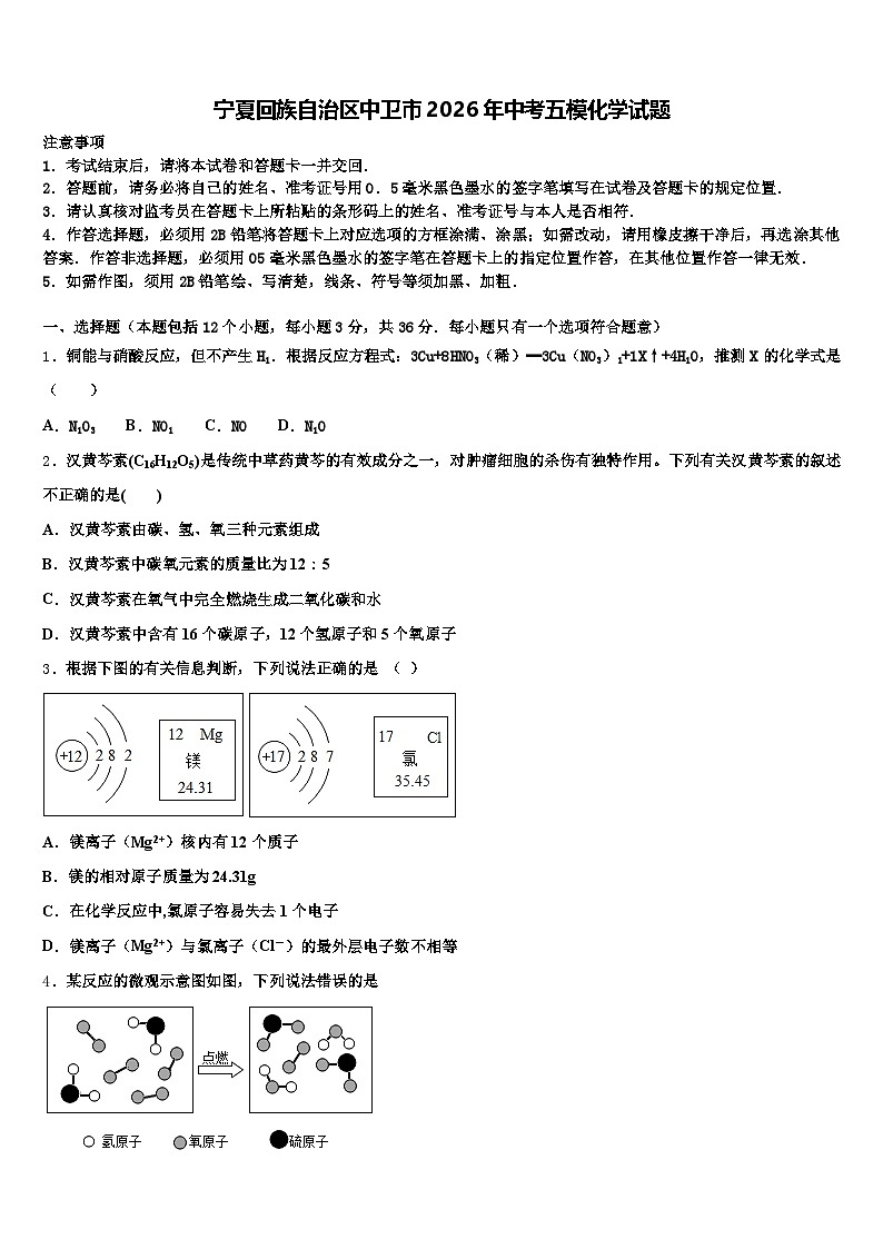 宁夏回族自治区中卫市2026年中考五模化学试题（含答案解析）第1页