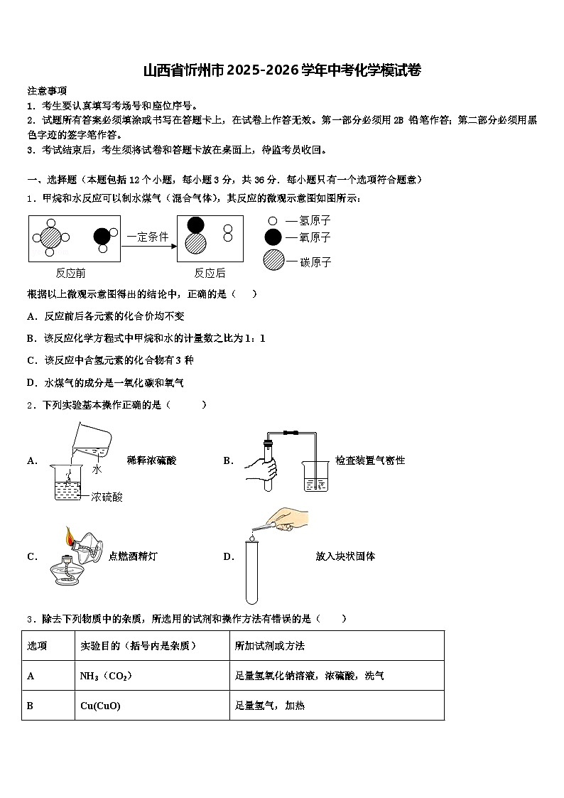 山西省忻州市2025-2026学年中考化学模试卷（含答案解析）第1页