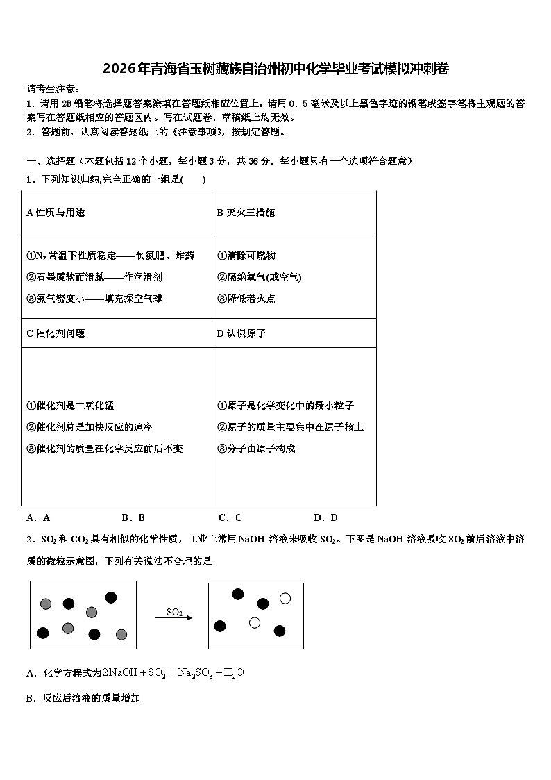 2026年青海省玉树藏族自治州初中化学毕业考试模拟冲刺卷（含答案解析）第1页