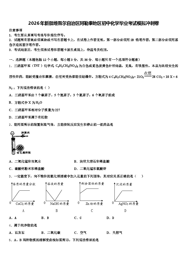2026年新疆维吾尔自治区阿勒泰地区初中化学毕业考试模拟冲刺卷（含答案解析）第1页