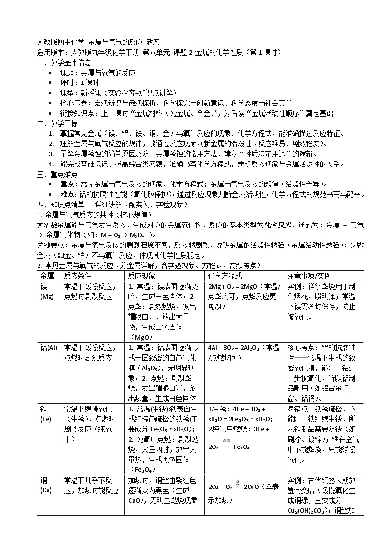 2026年人教版九年级化学下册 第八单元 课题2 金属的化学性质（第1课时）金属与氧气的反应 教案第1页