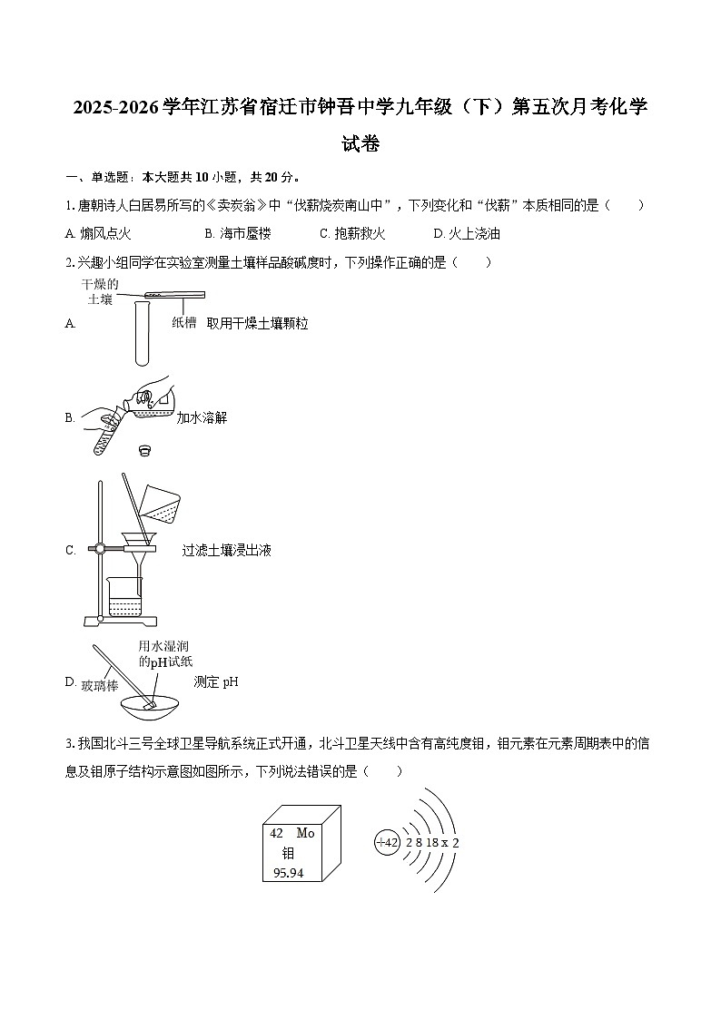 2025-2026学年江苏省宿迁市钟吾中学九年级（下）第五次月考化学试卷-自定义类型第1页