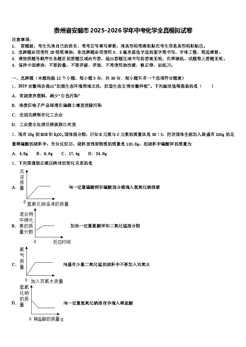 贵州省安顺市2025-2026学年中考化学全真模拟试卷（含答案解析）第1页