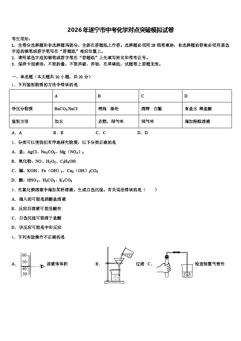 2026年遂宁市中考化学对点突破模拟试卷（含答案解析）第1页