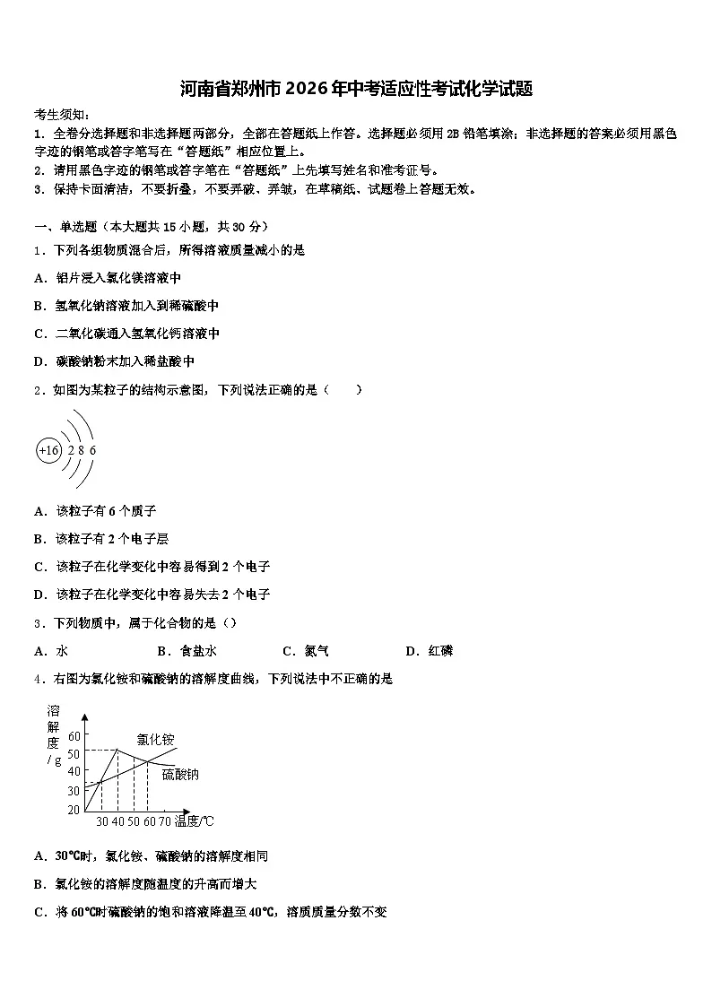 河南省郑州市2026年中考适应性考试化学试题（含答案解析）第1页