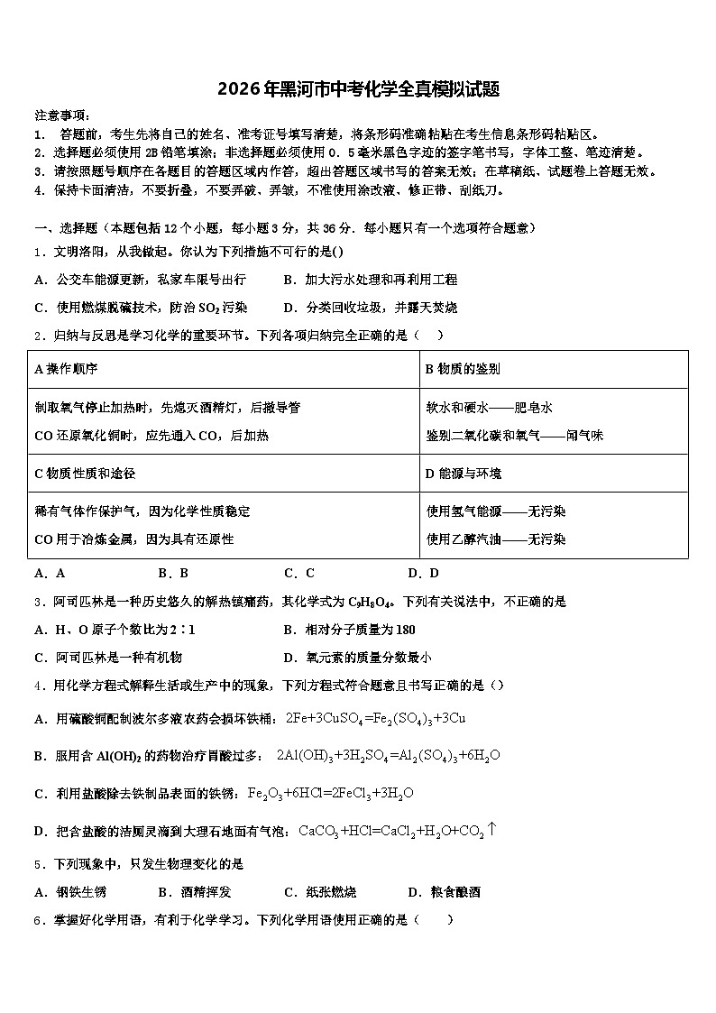 2026年黑河市中考化学全真模拟试题（含答案解析）第1页
