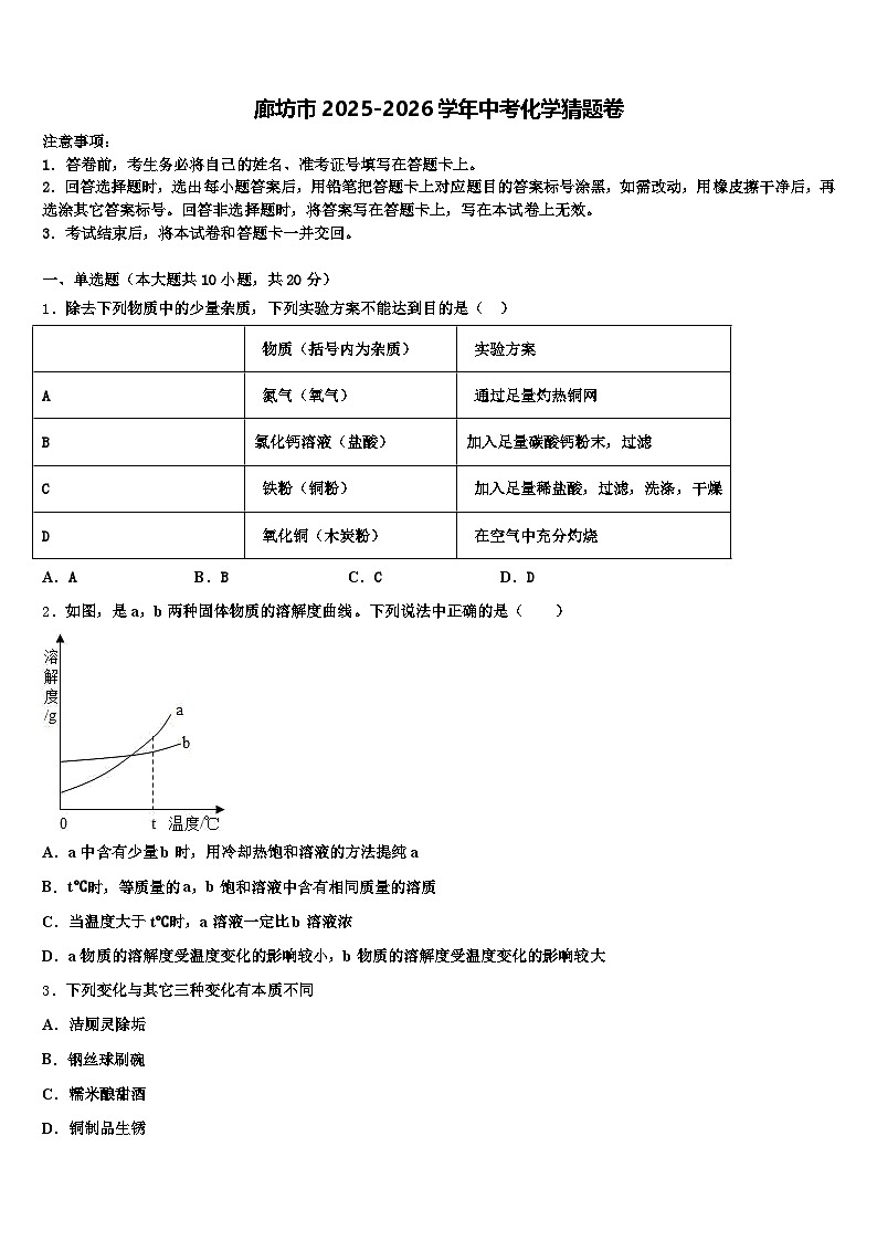 廊坊市2025-2026学年中考化学猜题卷（含答案解析）第1页