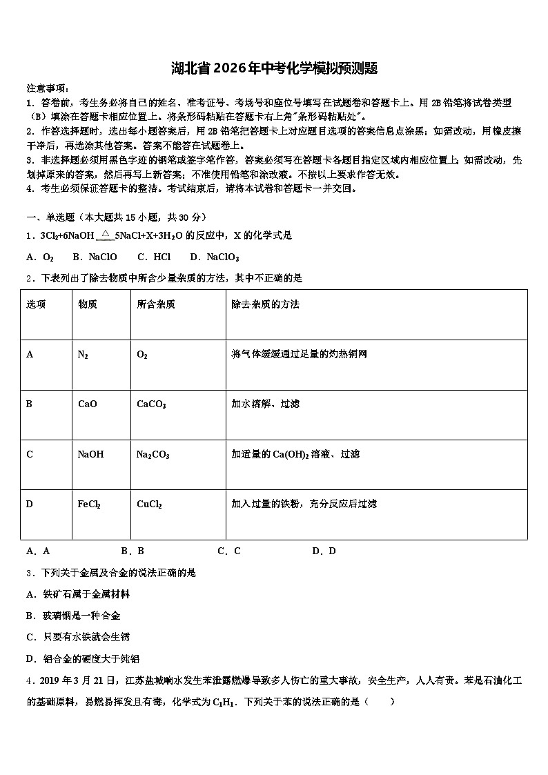 湖北省2026年中考化学模拟预测题（含答案解析）第1页