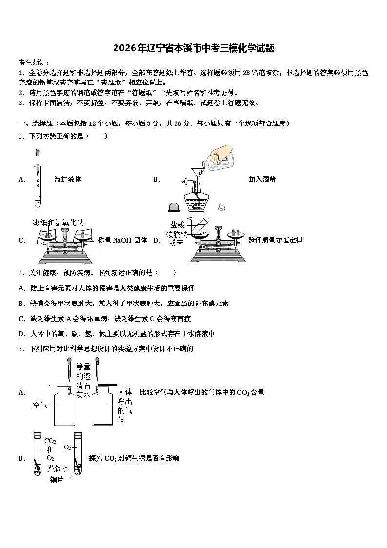 2026年辽宁省本溪市中考三模化学试题（含答案解析）第1页