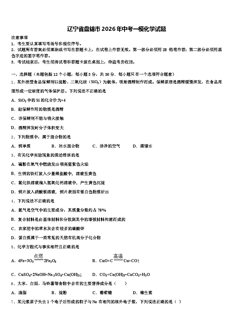 辽宁省盘锦市2026年中考一模化学试题（含答案解析）第1页