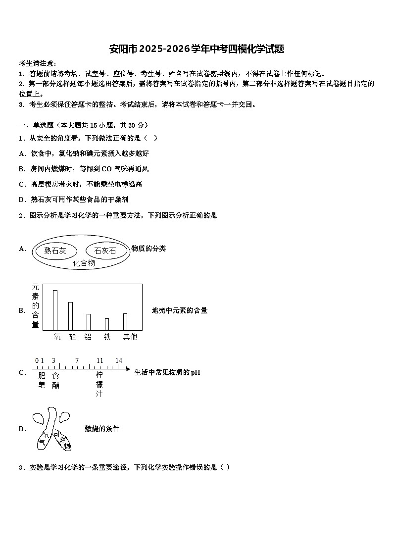 安阳市2025-2026学年中考四模化学试题（含答案解析）第1页