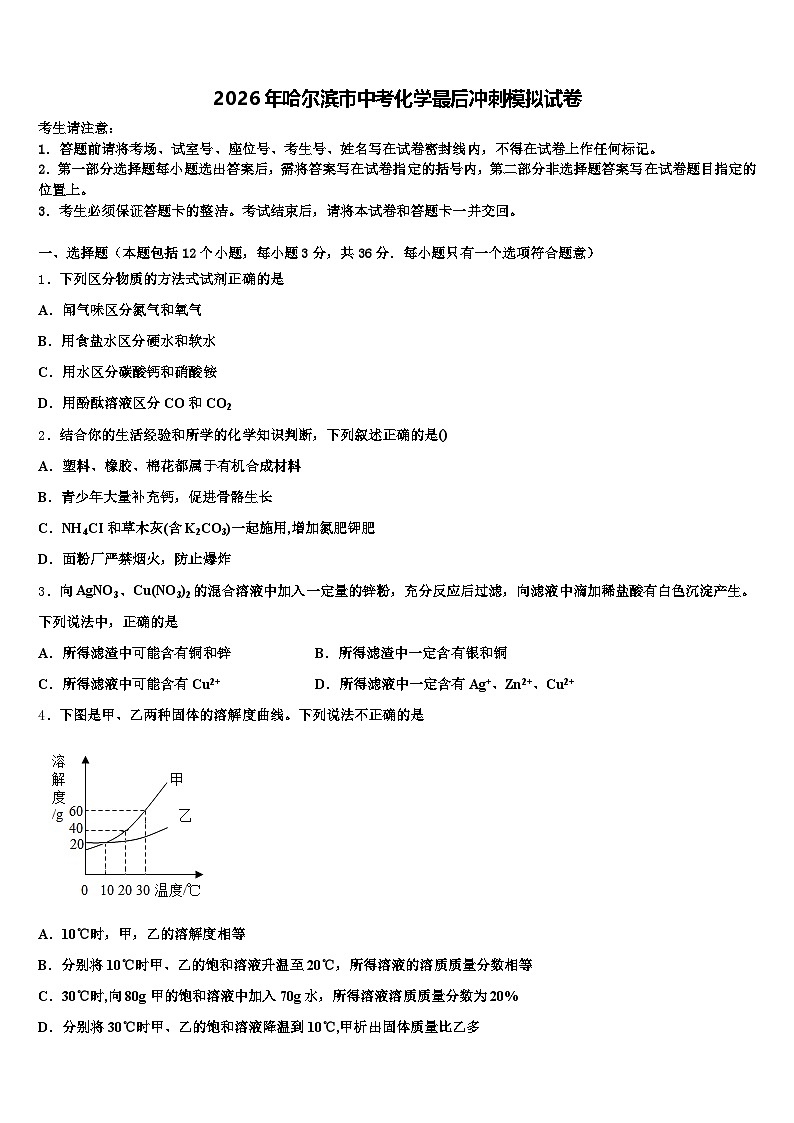 2026年哈尔滨市中考化学最后冲刺模拟试卷（含答案解析）第1页