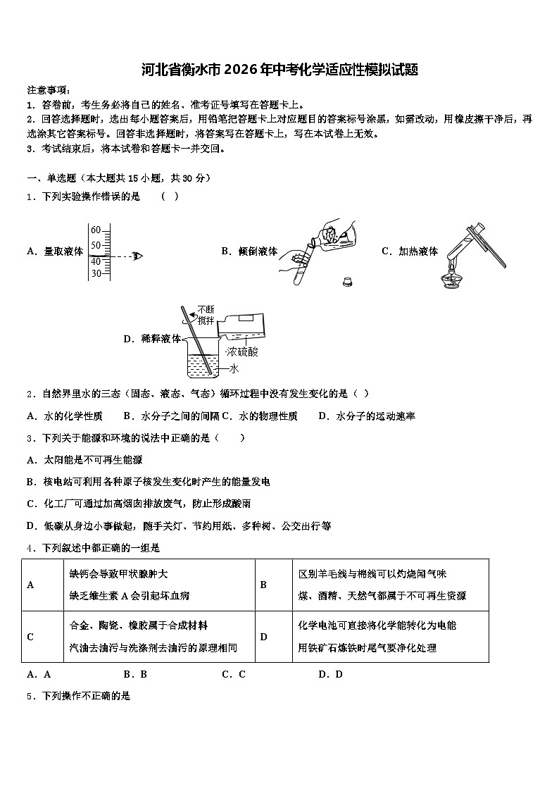 河北省衡水市2026年中考化学适应性模拟试题（含答案解析）第1页