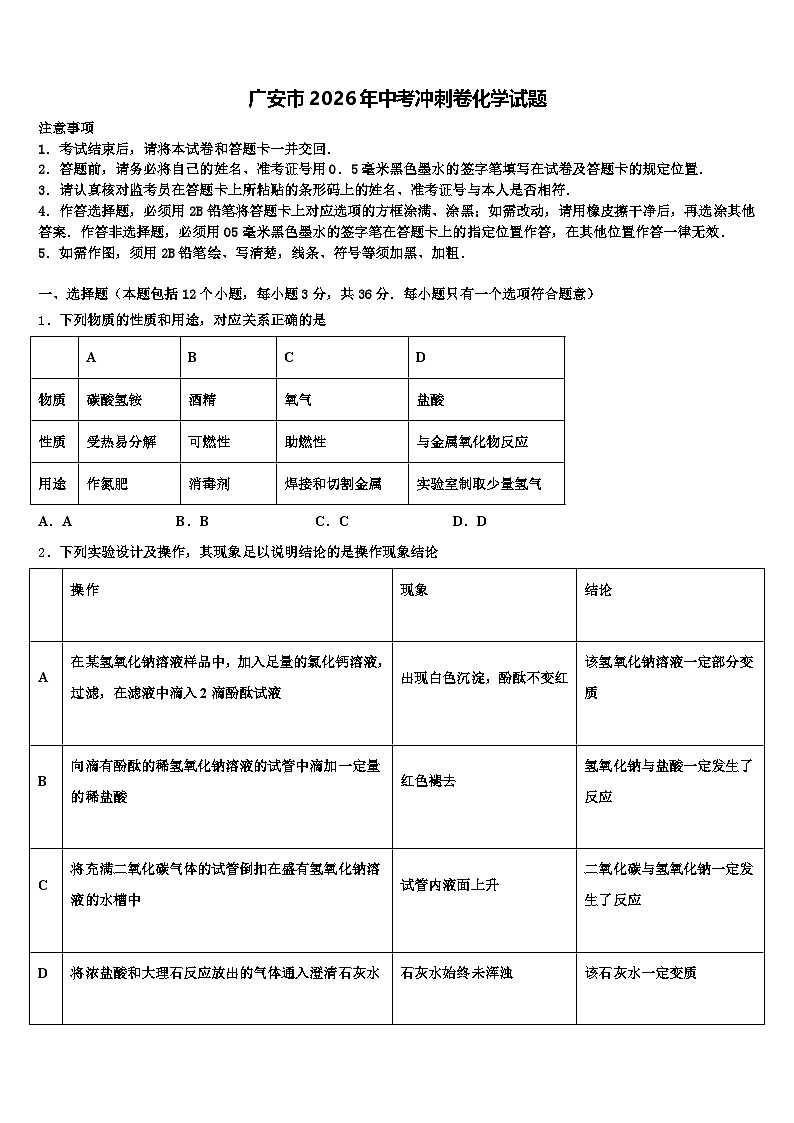 广安市2026年中考冲刺卷化学试题（含答案解析）第1页