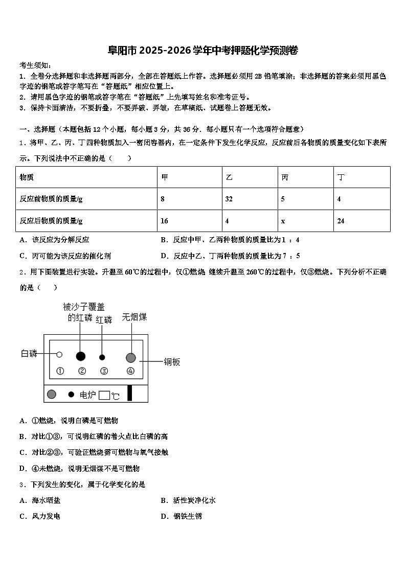 阜阳市2025-2026学年中考押题化学预测卷（含答案解析）第1页