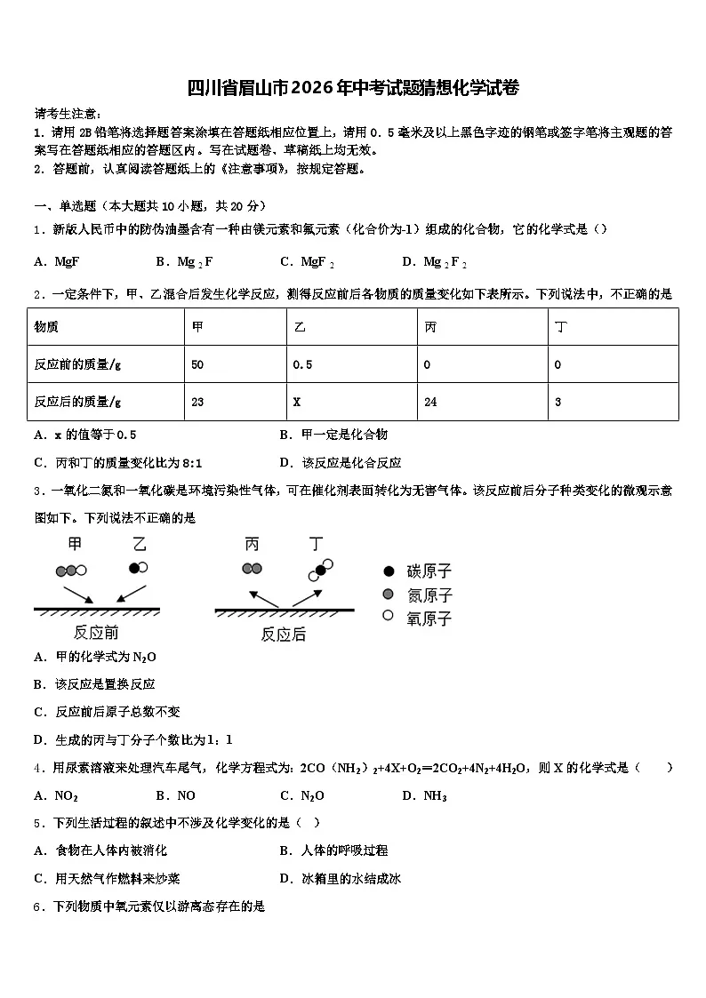 四川省眉山市2026年中考试题猜想化学试卷（含答案解析）第1页