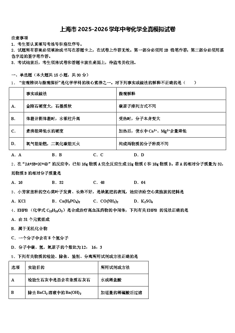 上海市2025-2026学年中考化学全真模拟试卷（含答案解析）第1页