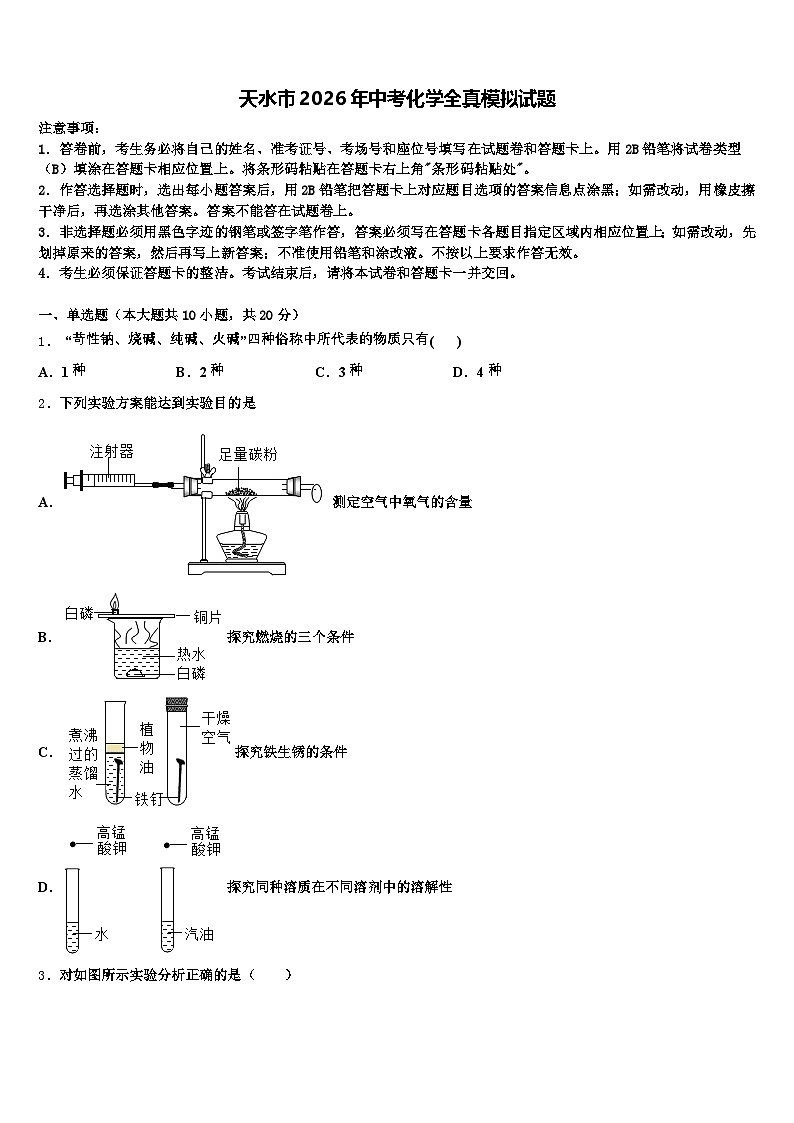天水市2026年中考化学全真模拟试题（含答案解析）第1页