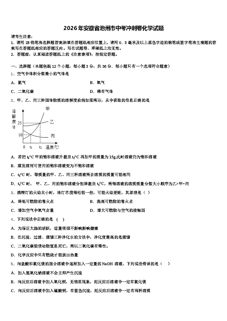 2026年安徽省池州市中考冲刺卷化学试题（含答案解析）第1页