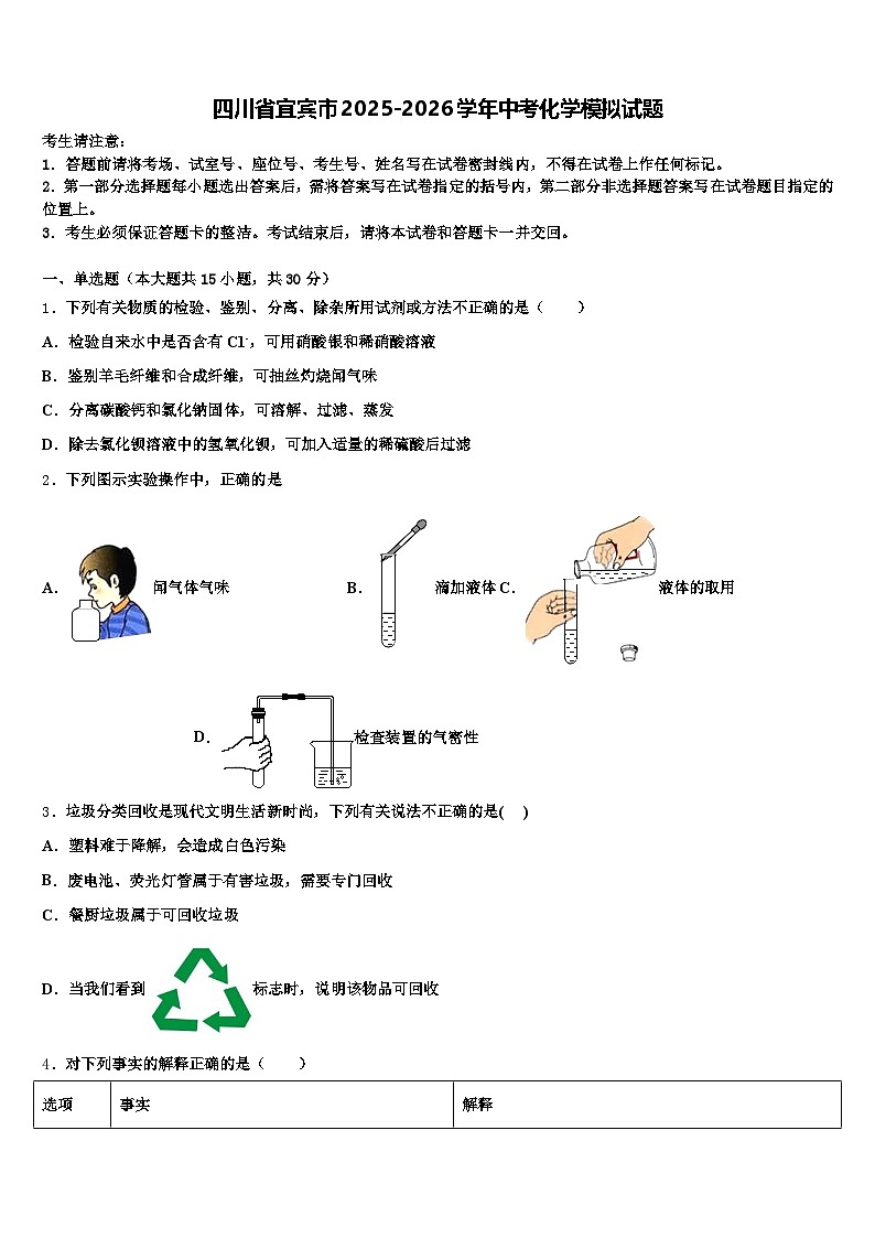 四川省宜宾市2025-2026学年中考化学模拟试题（含答案解析）第1页