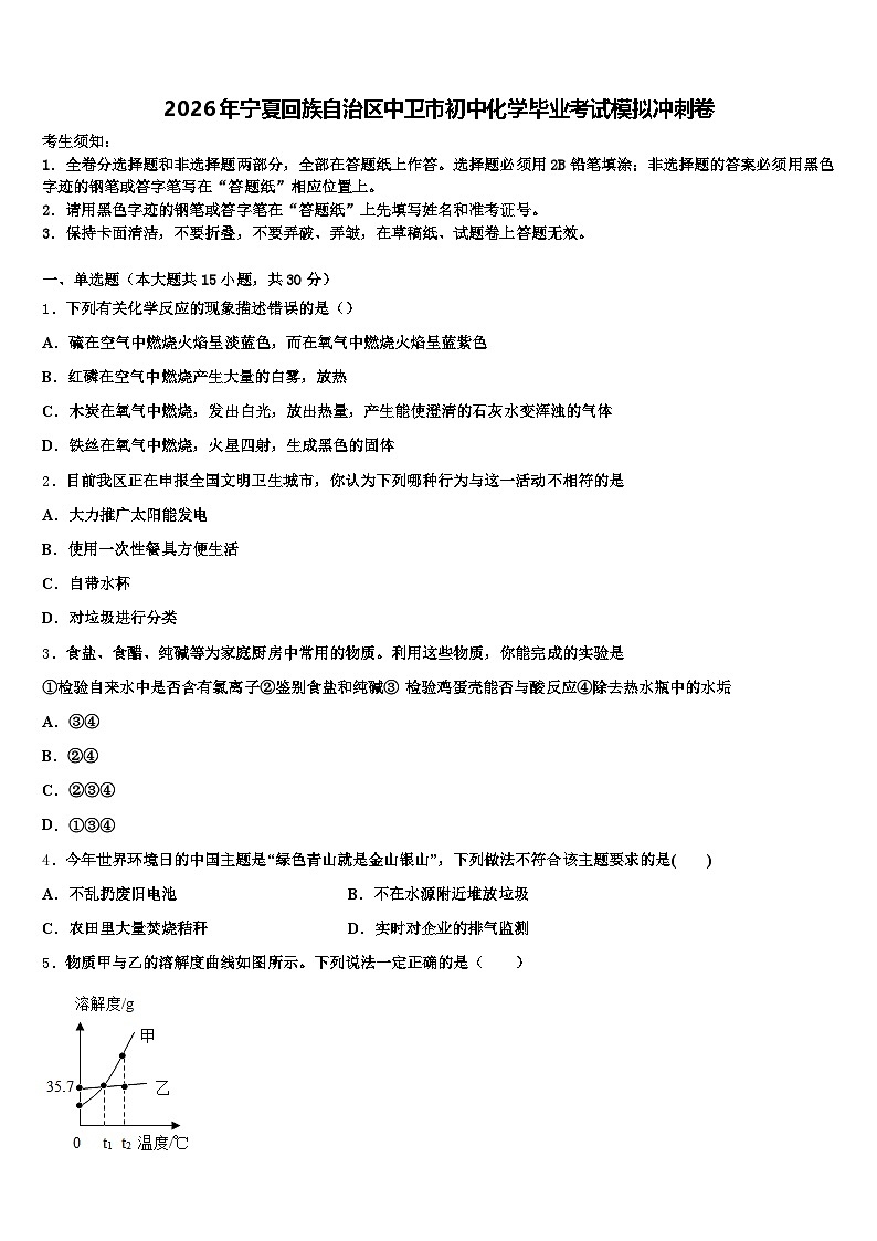2026年宁夏回族自治区中卫市初中化学毕业考试模拟冲刺卷（含答案解析）第1页
