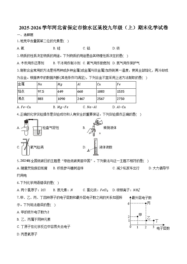 2025-2026学年河北省保定市徐水区某校九年级（上）期末化学试卷（含答案）第1页