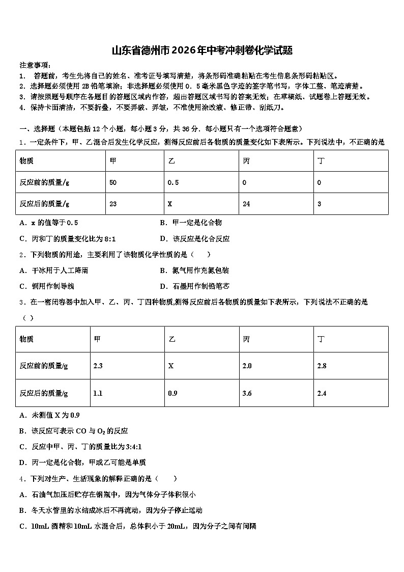山东省德州市2026年中考冲刺卷化学试题（含答案解析）第1页