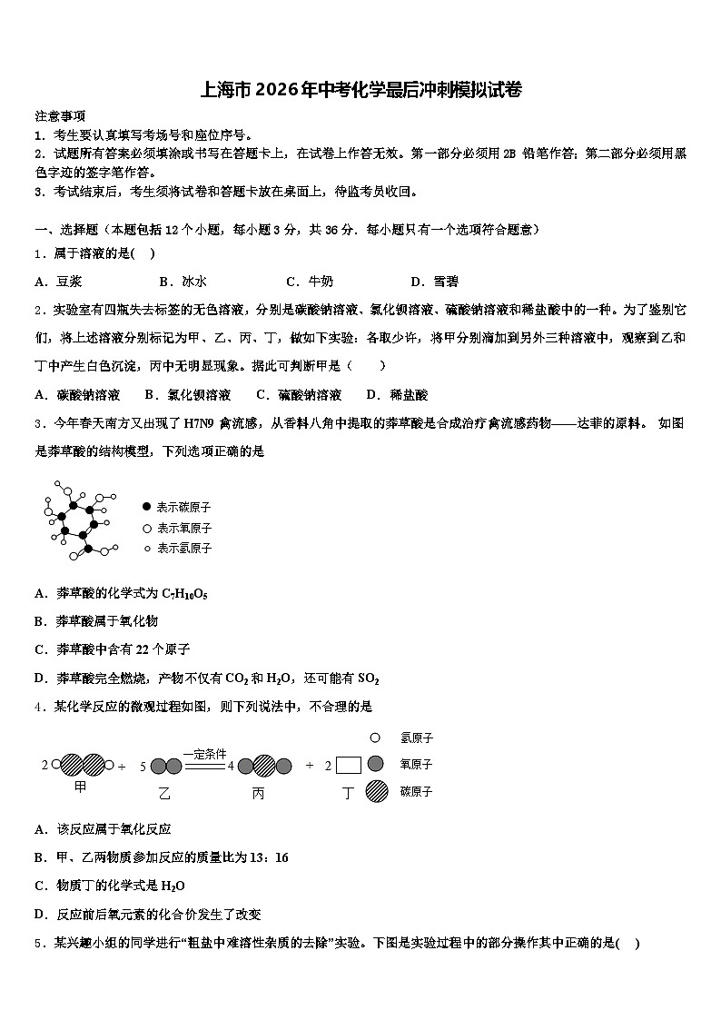 上海市2026年中考化学最后冲刺模拟试卷（含答案解析）第1页