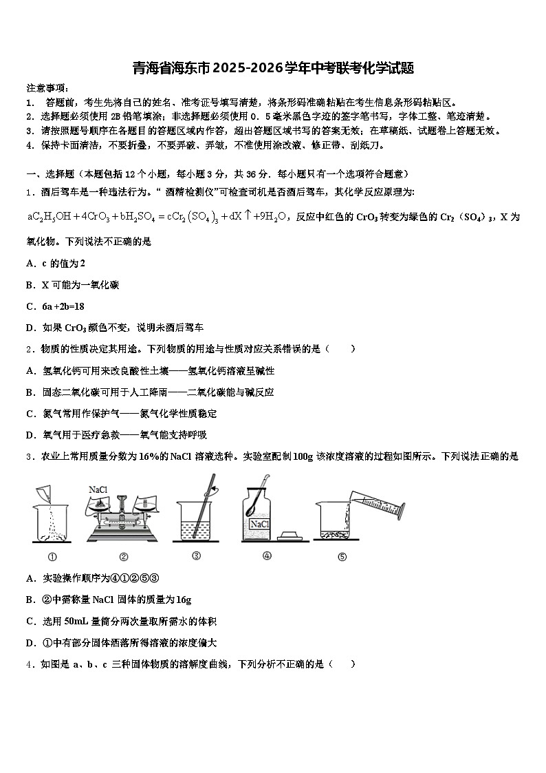 青海省海东市2025-2026学年中考联考化学试题（含答案解析）第1页