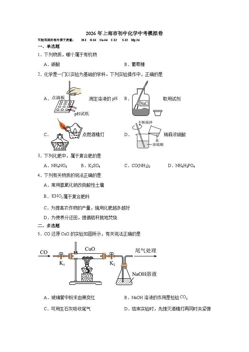 2026年上海市中考模拟化学自编卷含答案1第1页