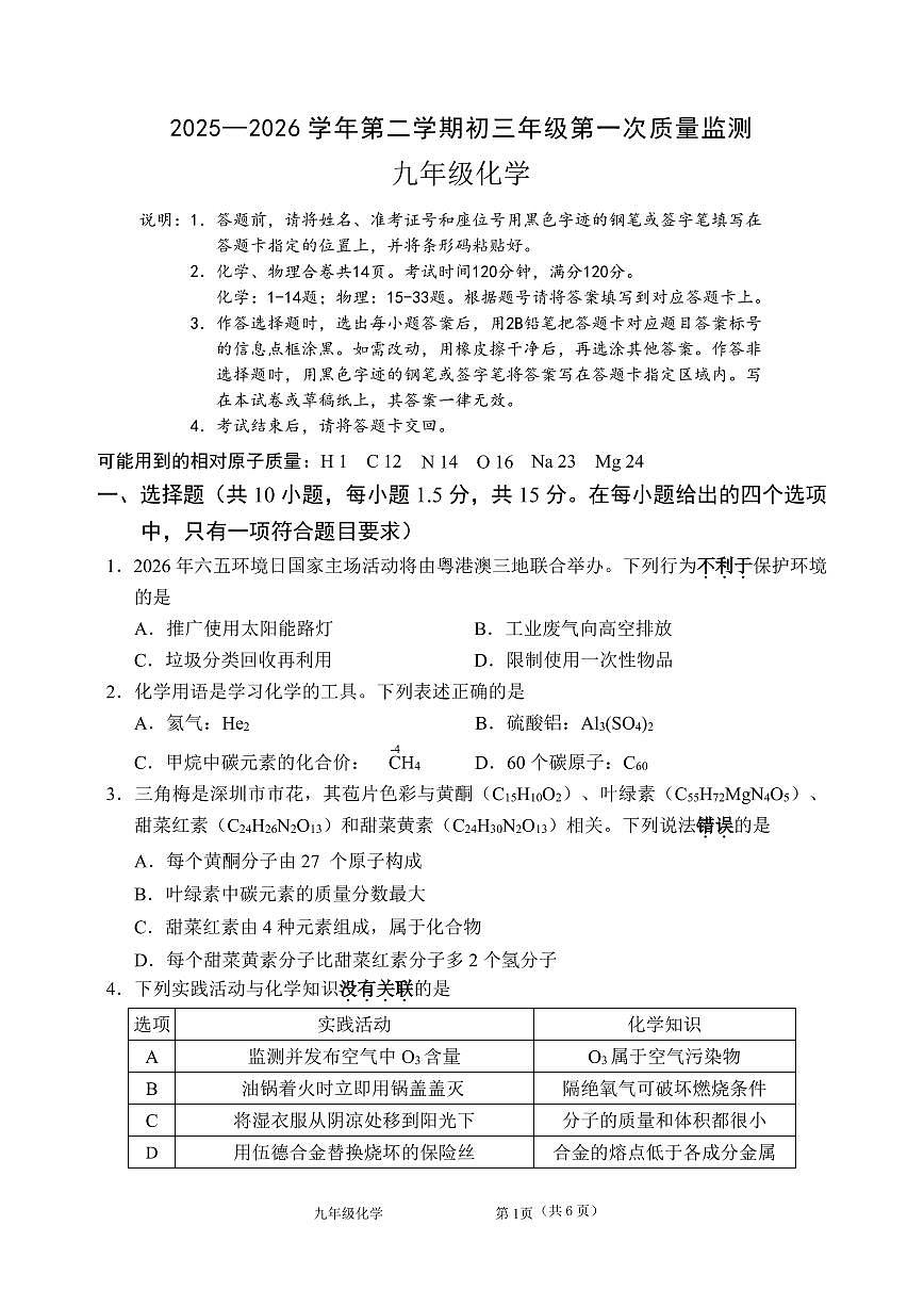 2026年3月深圳市蛇口育才教育集团初三一模化学试卷第1页