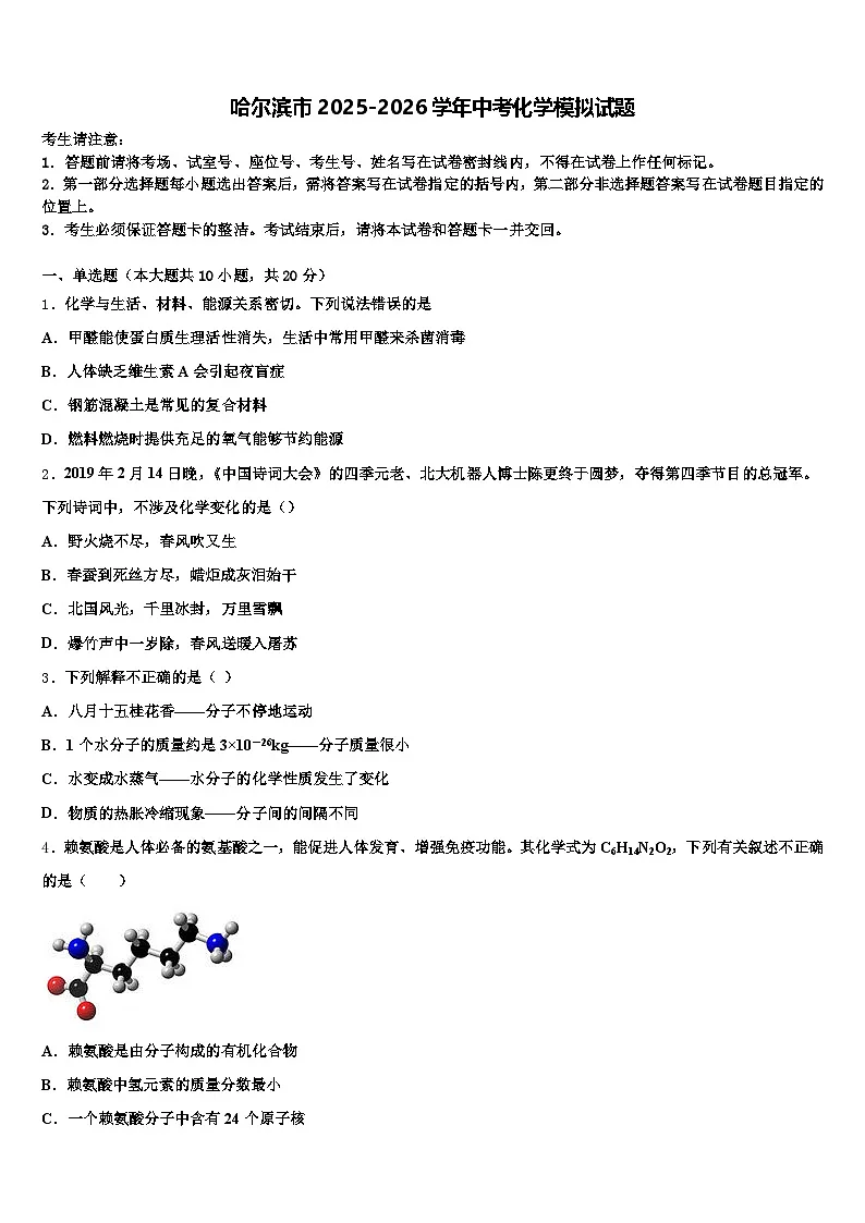 哈尔滨市2025-2026学年中考化学模拟试题（含答案解析）第1页