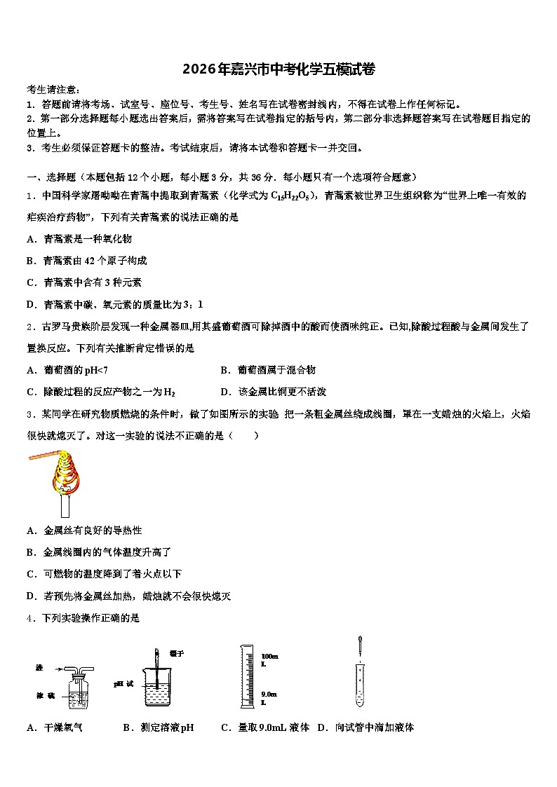 2026年嘉兴市中考化学五模试卷（含答案解析）第1页